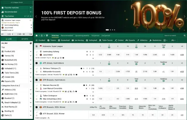 Official GreenBet sportsbook: live match list with 1X2, totals and handicaps